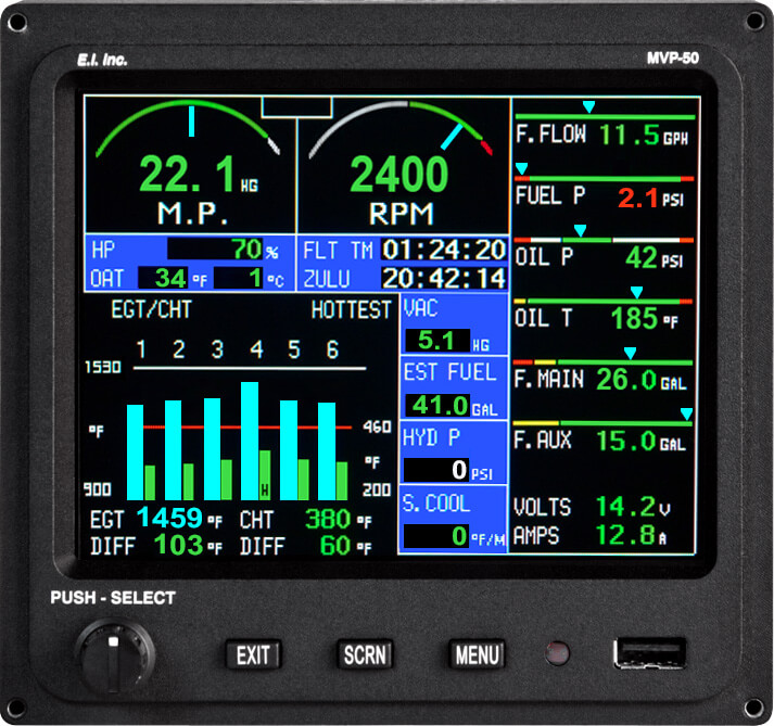 Electronics International MVP 50P Glass Panel Engine Monitor 8 Cylinder Air TSO