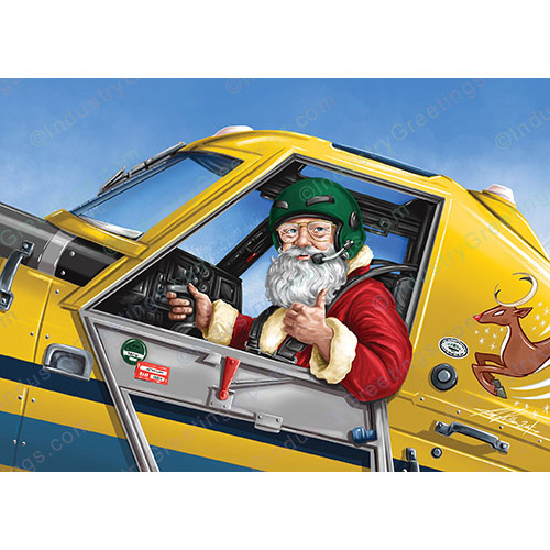 Holiday Card - Yellow Agricultural Santa Aviation - 10 Pack