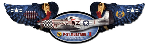 P-51 Mustang Winged Oval Metal Sign 35X10