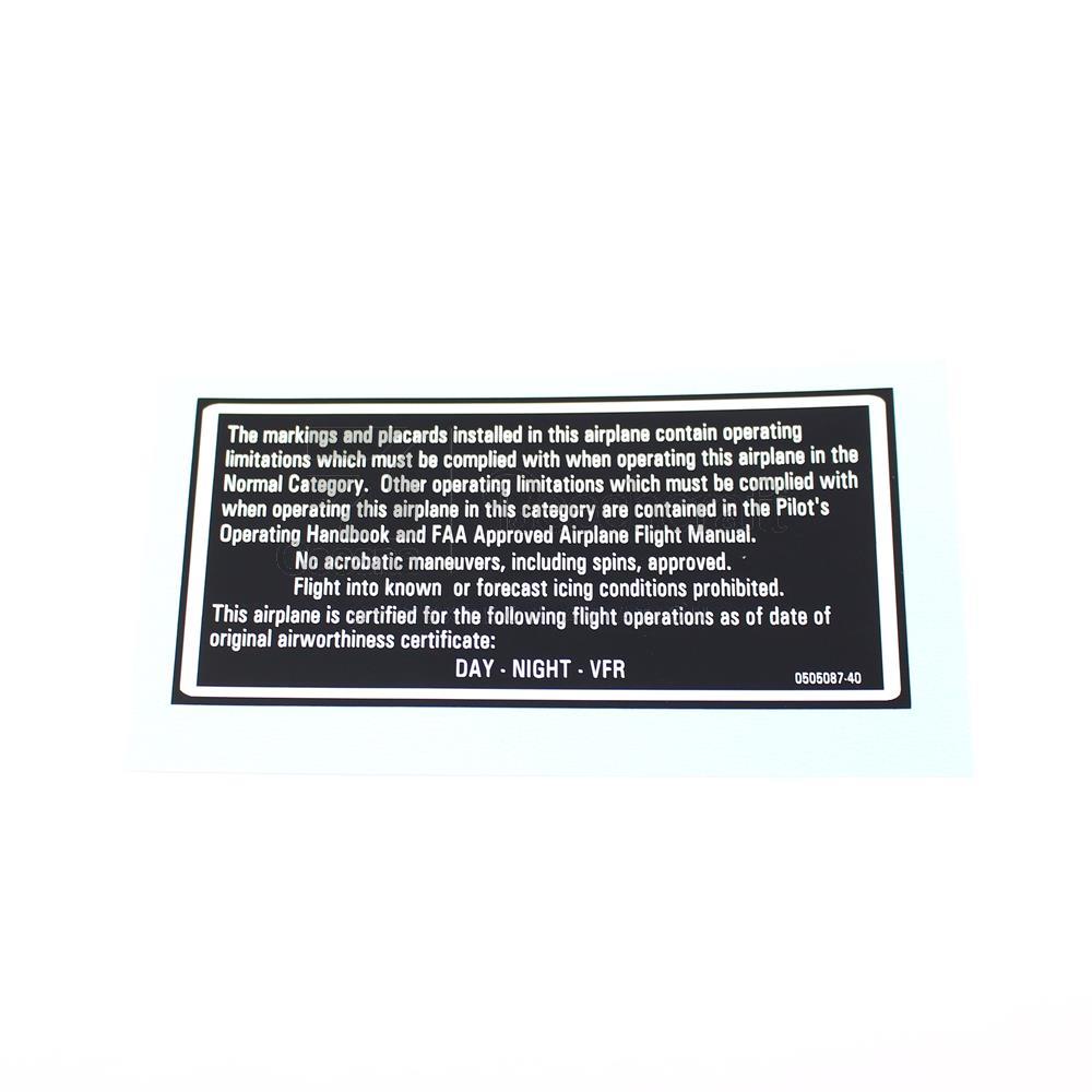 PLACARD- OPERATIONAL LIMITS