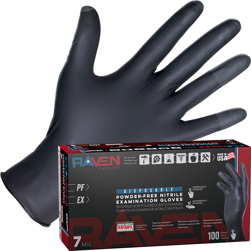 SAS 66484 Raven Patriot Powder-Free Exam Grade Black Nitrile Gloves XL 100/Box