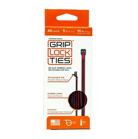 GripLockTies - Releasable 5" Black Nylon - Red Rubber - Box Of 48