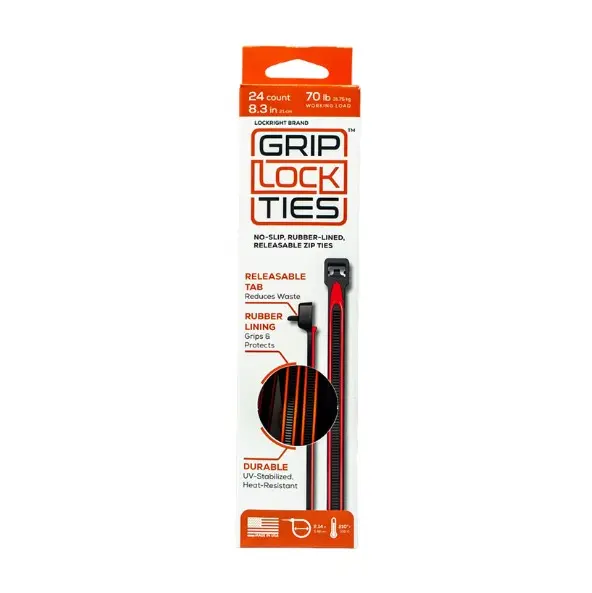 GripLockTies - Releasable 12" Black Nylon - Red Rubber - Box Of 24