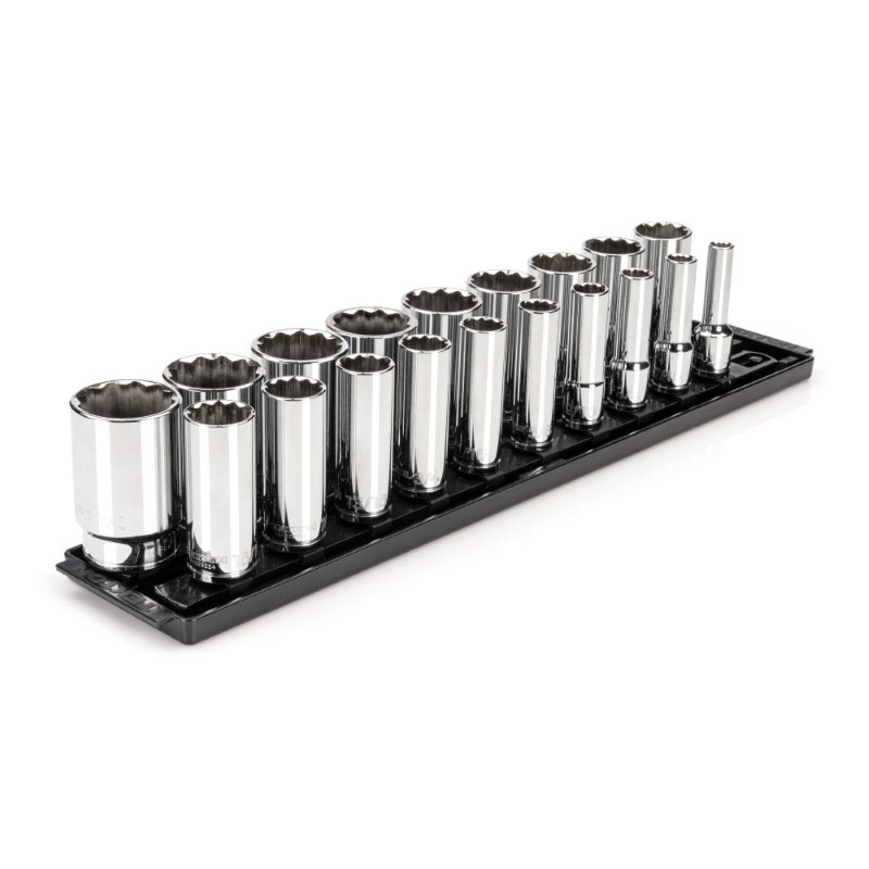 TEKTON - 1/2 Inch Drive Deep 12-Point Socket Set With Rails And Tray 19-Piece (3/8 - 1-1/2 In.) SHD92127