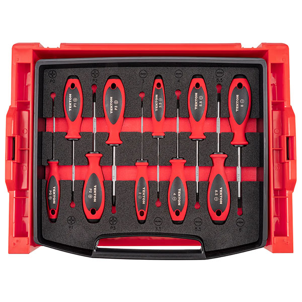 Tekton - Phillips And Slotted Screwdriver Set With Open Top Drawer And Rack - 4 Inch Shanks 10-Piece