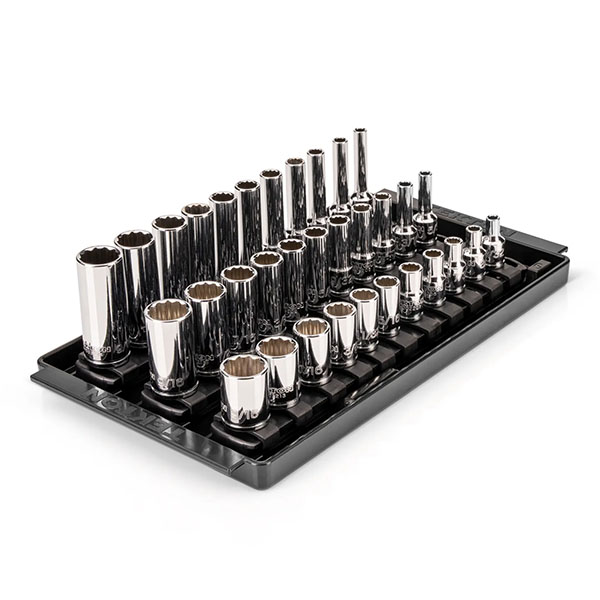TEKTON - 1/4 INCH DRIVE SHALLOW SEMI-DEEP AND DEEP 12-POINT SOCKET SET WITH RAILS AND TRAYS 33-PIECE (5/32 - 9/16 IN.)