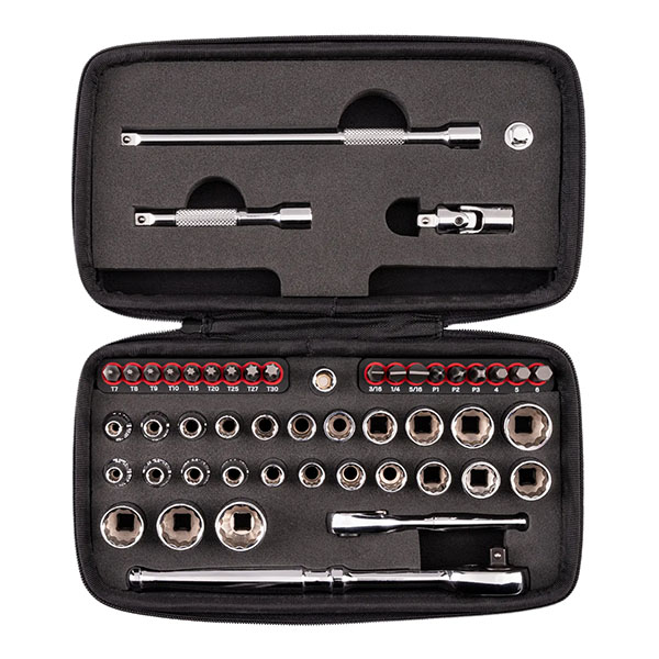 Tekton - 1/4 Inch Drive 12-Point Small Engine Shallow Socket Bit And Flex Head Quick-Release Ratchet Set With Case (50-Piece)