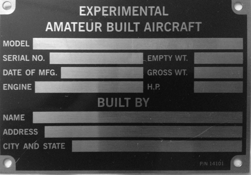 Experimental Nameplate Stainless Steel Engraved