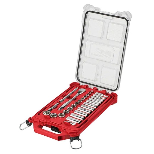 [RX1-12-06385] Milwaukee 3/8 Drive 28Pc Ratchet & Socket Set With Packout Low-Profile Compact Organizer - Sae