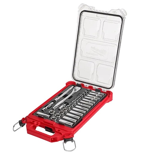 [RX1-12-06386] Milwaukee 32Pc 3/8 Metric Ratchet And Socket Set With Packout Low-Profile Compact Organizer