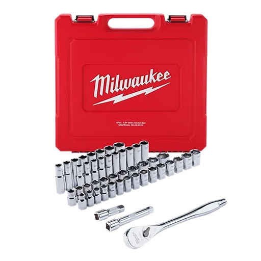 [RX1-12-06387] Milwaukee 47Pc 1/2 Drive Metric & SAE Ratchet And Socket Set With Four Flat Sides