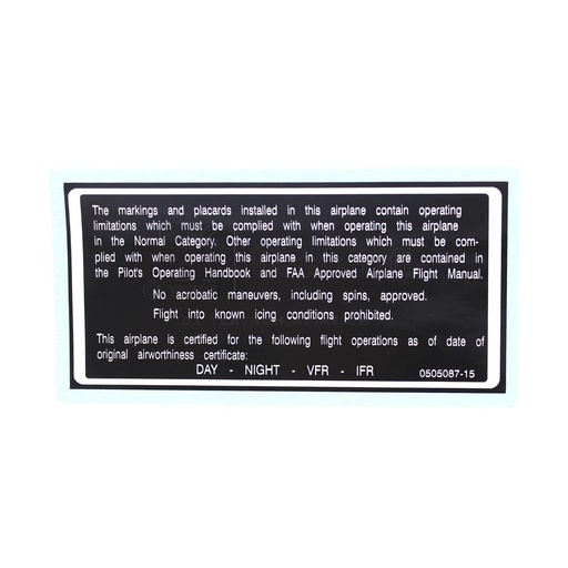 [RX5-0505087-15] PLACARD-OPER LIMIT