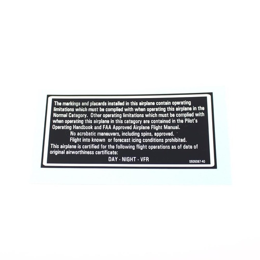 [RX5-0505087-40] PLACARD- OPERATIONAL LIMITS