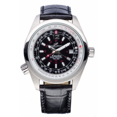 [RX1-13-11395] Abingdon Women Amelia Runway Black GMT Pilot Watch with Black Leather Strap