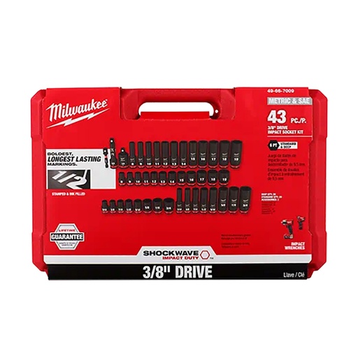 [RX1-12-06206] Milwaukee 43 Piece Shockwave Impact Duty 3/8 Drive SAE & Metric Deep 6 Point Socket Set