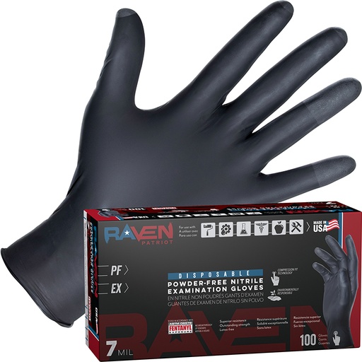 [RX1-01-01733] SAS 66483 Raven Patriot Powder-Free Exam Grade Black Nitrile Gloves Large 100/Box