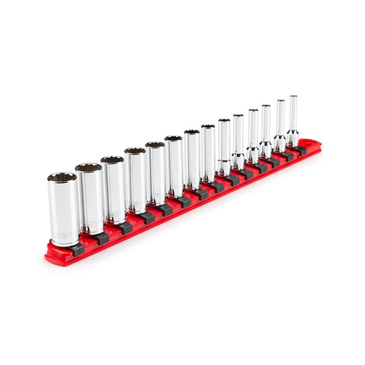 [RX1-12-06752] TEKTON - 1/4 Inch Drive Deep 12-Point Socket Set With Rail 14-Piece (4-15 Mm) SHD90114