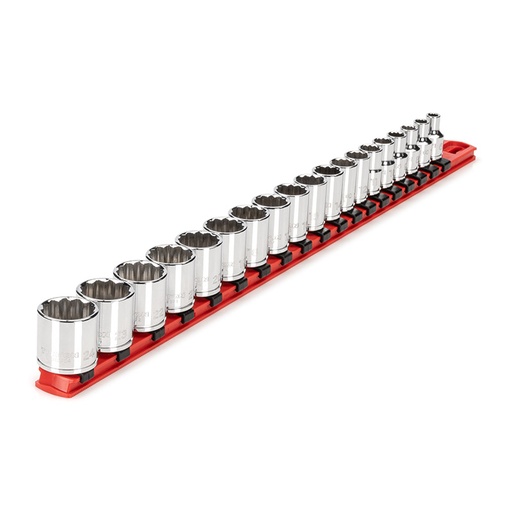 [RX1-12-06756] TEKTON - 3/8 Inch Drive 12-Point Socket Set With Rail 19-Piece (6-24 Mm) SHD91112