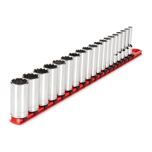 [RX1-12-06757] TEKTON - 3/8 Inch Drive Deep 12-Point Socket Set With Rail 15-Piece (1/4-1 In.) SHD91115
