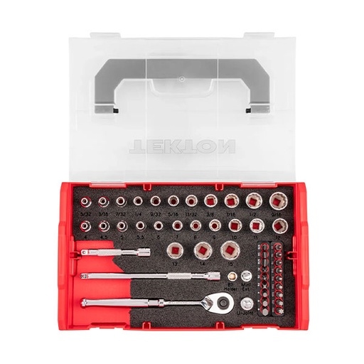 [RX1-12-07069] Tekton - 1/4 Inch Drive 12-Point Socket Bit And Ratchet Set With Mini Stacking Tool Box 49-Piece (5/32 - 9/16 In. 4 - 15 mm)