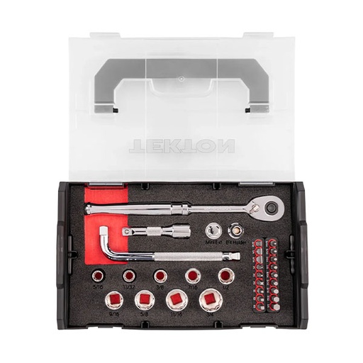 [RX1-12-07072] Tekton - 3/8 Inch Drive 12-Point Socket Bit And Ratchet Set With Mini Stacking Tool Box 32-Piece (5/16 - 3/4 In.)