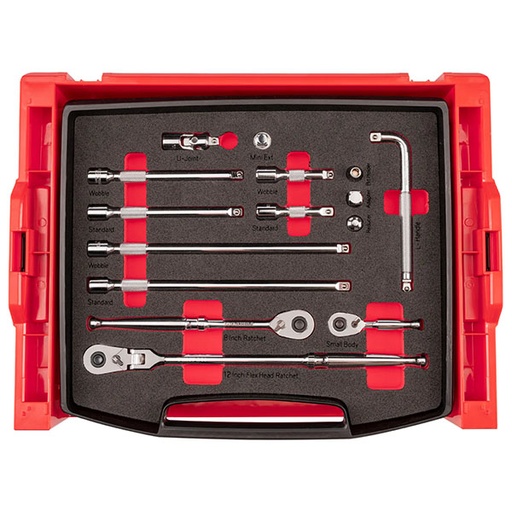 [RX1-12-07073] Tekton - 3/8 Inch Drive Ratchet And Accessories Set With Open Top Drawer And Rack (13-Piece)