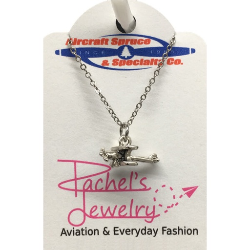 [RX1-14-03309] 3D HANGING BIPLANE NECKLACE - SILVER