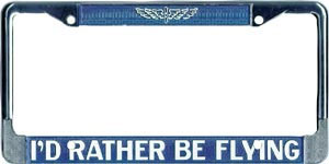[RX1-13-06231] I.D. Rather Be Flying License Plate Frame Blue/White Metal