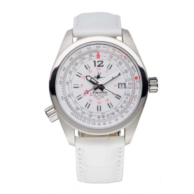 [RX1-13-11396] Abingdon Women Amelia Cloud White GMT Pilot Watch with White Leather Strap