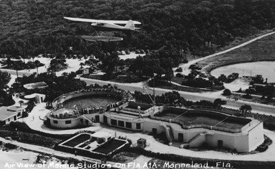 [RX1-13-17847] Postcard Airplane Flying Over Marine Studios