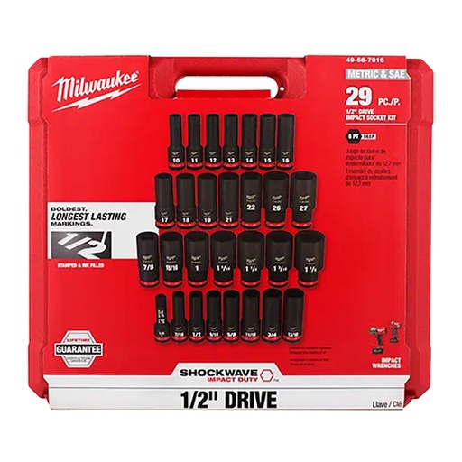 [RX1-12-06212] Milwaukee 29 Pc Shockwave Impact Duty 1/2 Drive SAE & Metric Deep 6 Point Socket Set